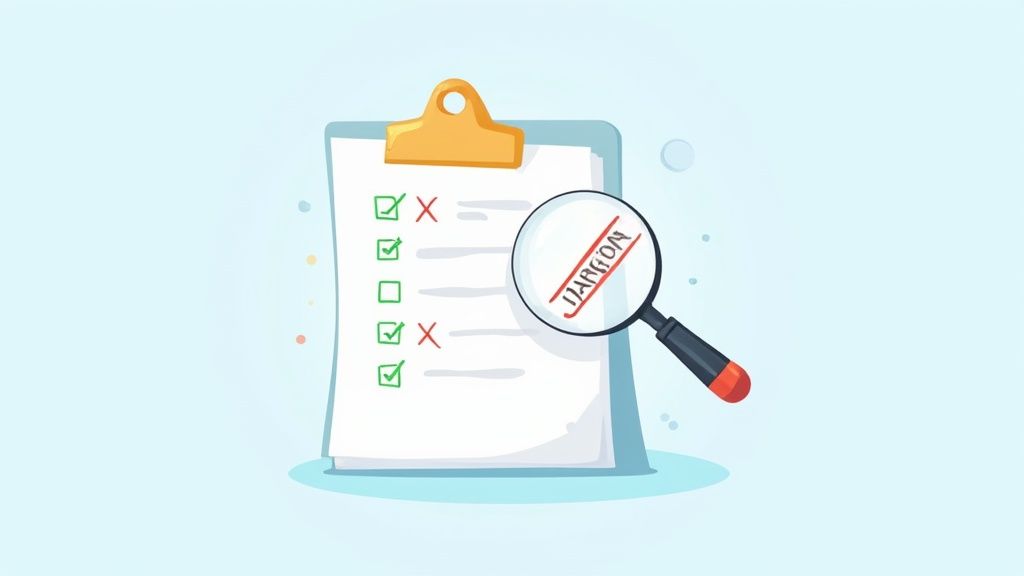 A magnifying glass hovering over a letter of intent for a grant, highlighting a section for review.