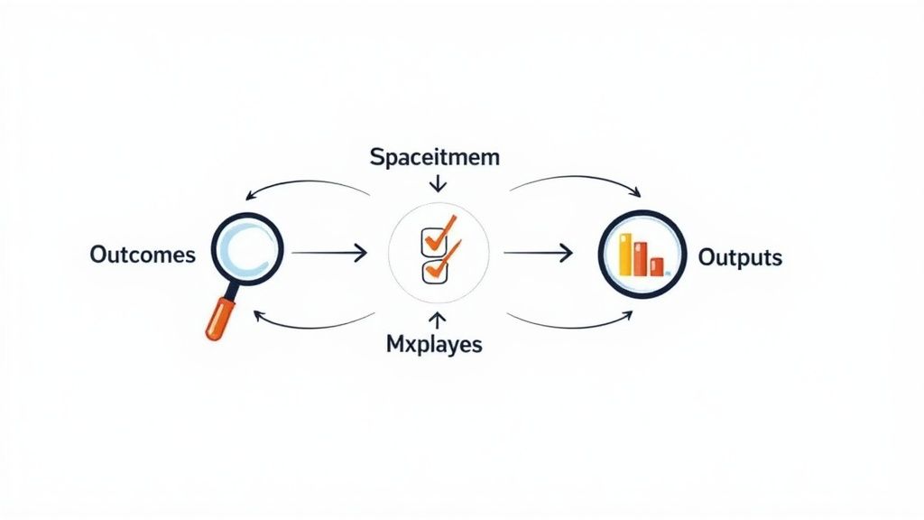 A magnifying glass hovering over a flowchart, symbolizing the evaluation of a program's logic model.