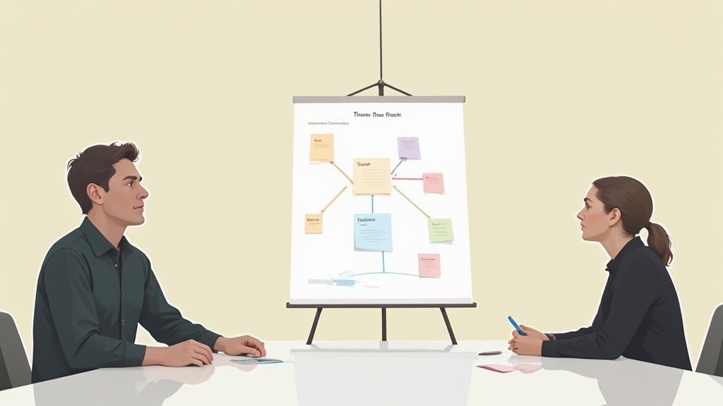 Diagram showing a hand drawing a flowchart representing a logic model.