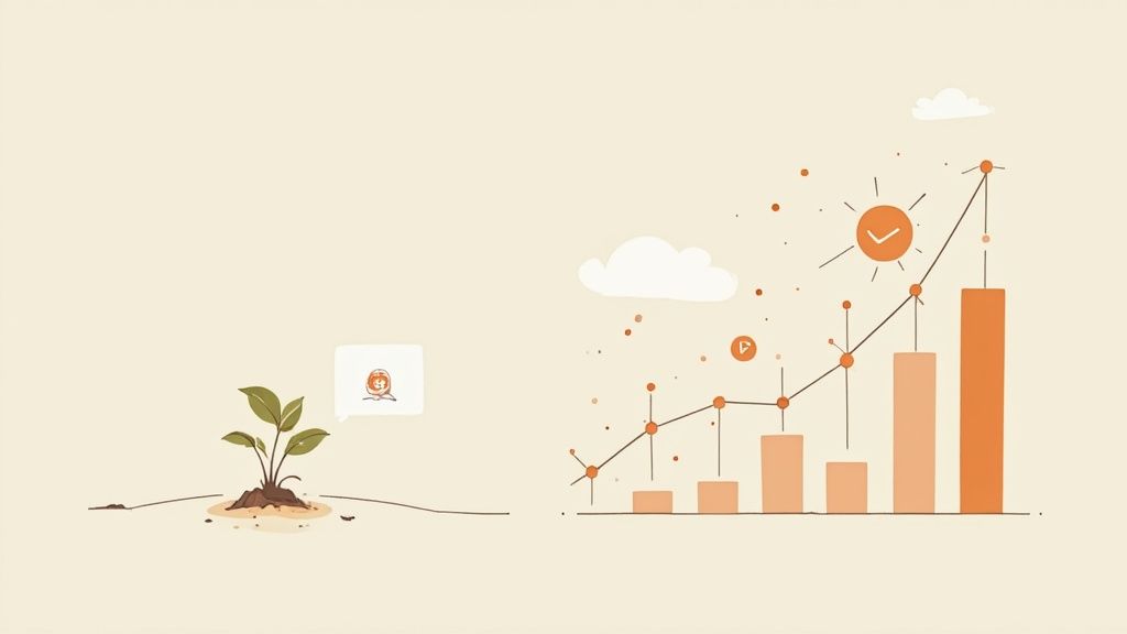 Growing plant and ascending bar chart illustrating business growth and grant funding success metrics