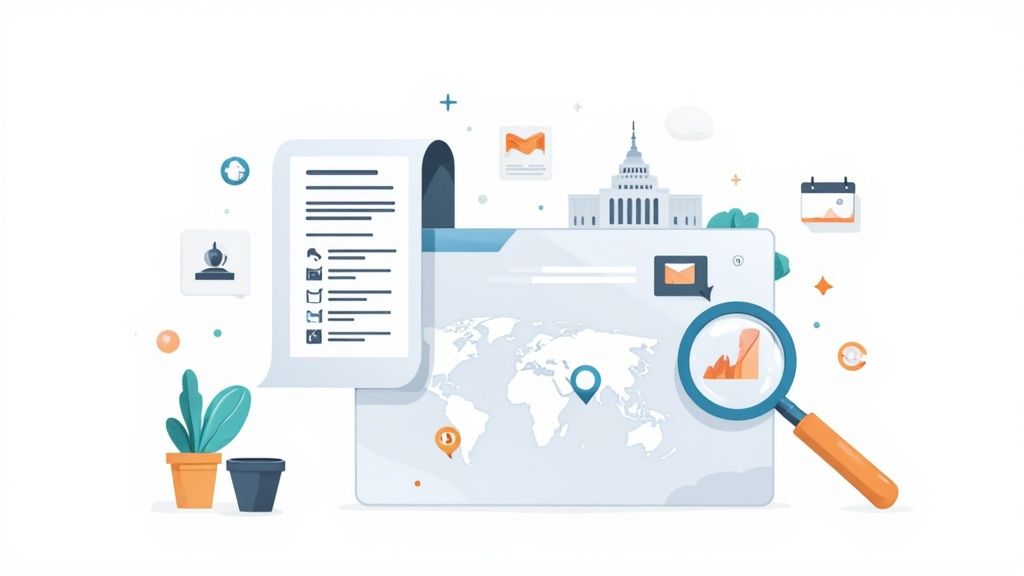 Digital illustration showing data analysis, world map, documents, and research tools for nonprofit grant management