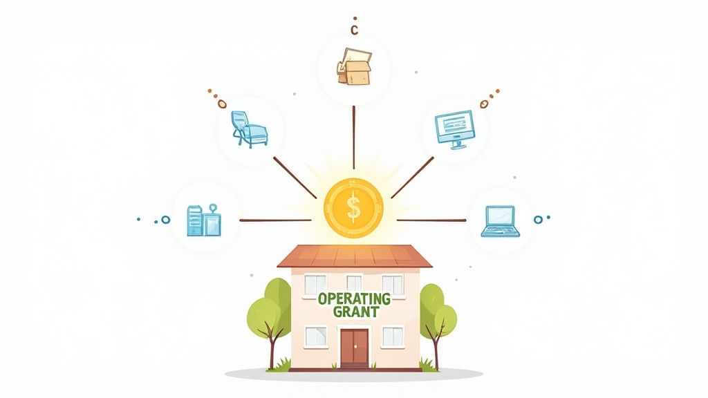 Operating grant funding concept with building, dollar coin, and various organizational expense icons illustration