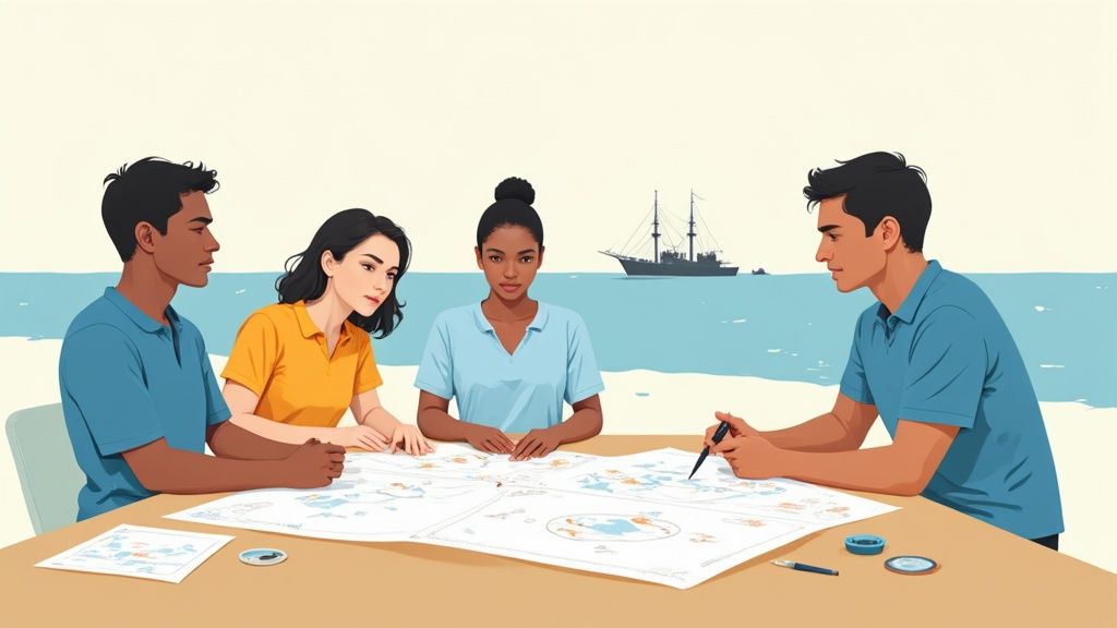 Four diverse professionals collaborating over maps and documents at coastal beach meeting table