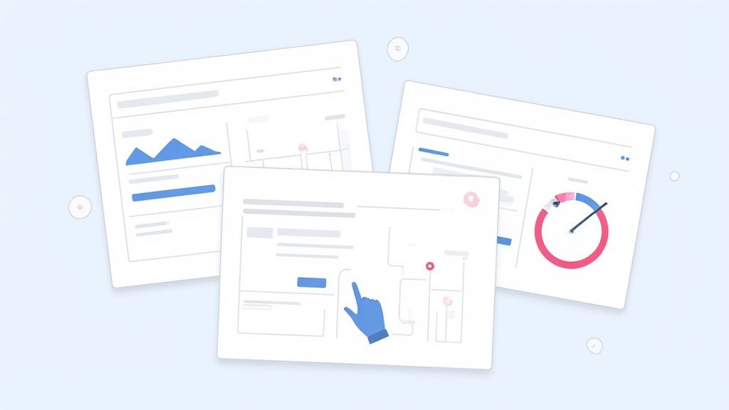 Three dashboard interface mockups displaying charts, graphs, and analytics with a hand pointer interaction element