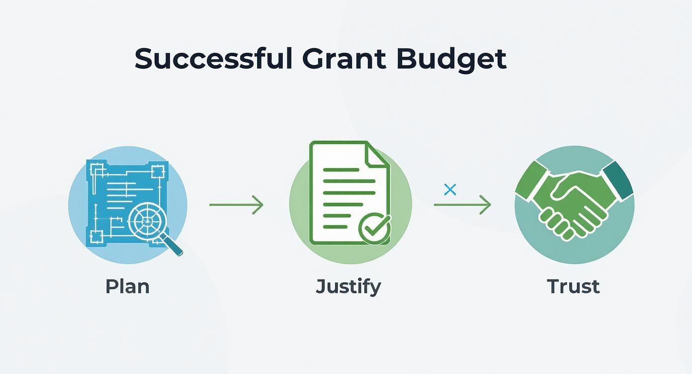 Three-step grant budget process showing plan, justify, and trust phases with icons and arrows