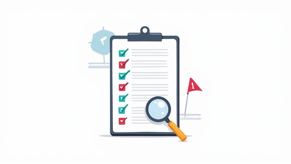 Clipboard with checklist featuring checkmarks in teal and red, magnifying glass examining document details