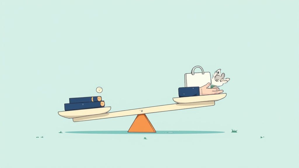 Seesaw balance scale with books on one side and shopping bag on the other side