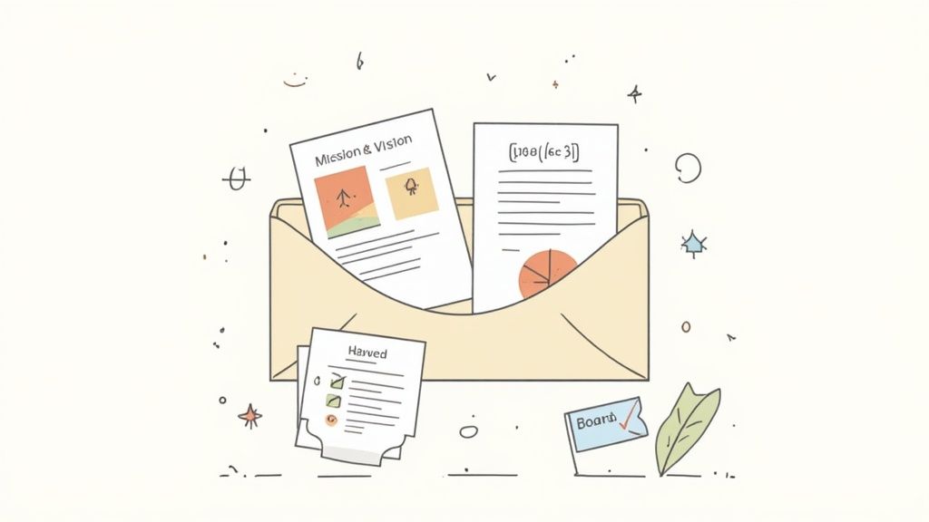 Illustration of an open envelope containing business documents, mission, vision statements, and a checklist.