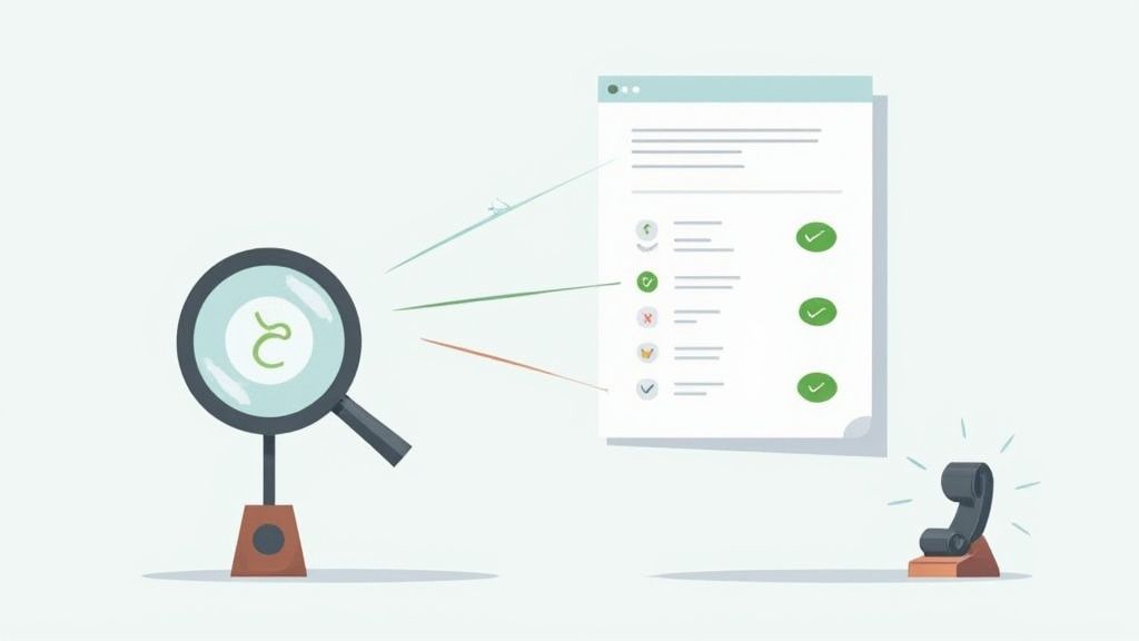 A magnifying glass examining a document with checklists and green checkmarks, next to an official approval stamp.
