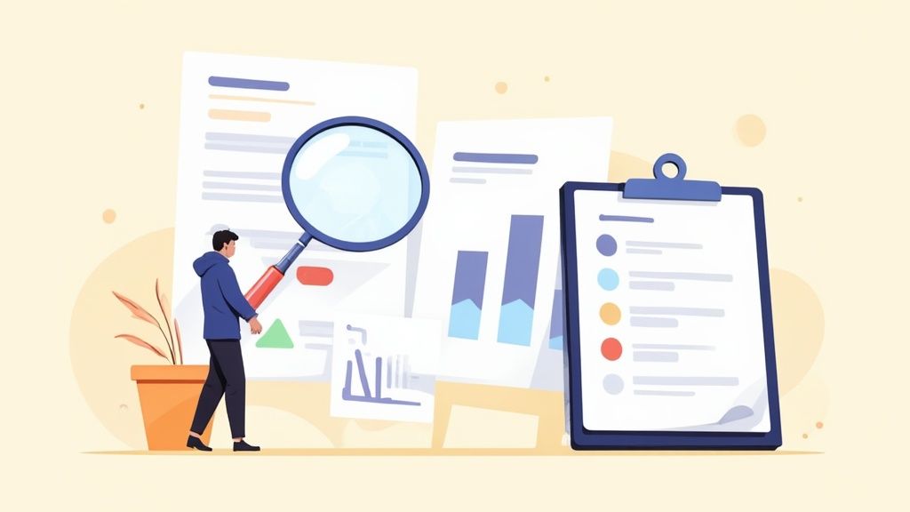 An illustration of a person with a magnifying glass analyzing documents, charts, and a checklist on a clipboard.