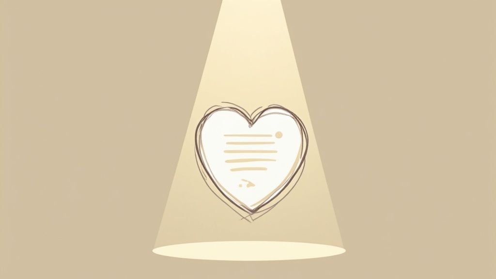 A spotlight shines on a hand-drawn heart with lines, representing a personal message or statement of need.