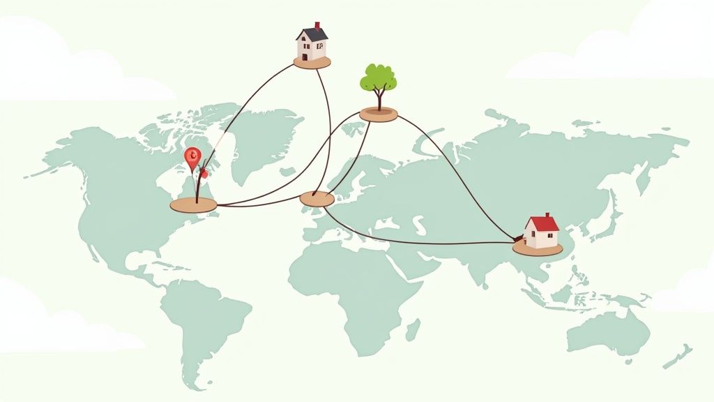 Cartoon world map illustrating global connections between homes, a tree, and a location pin.
