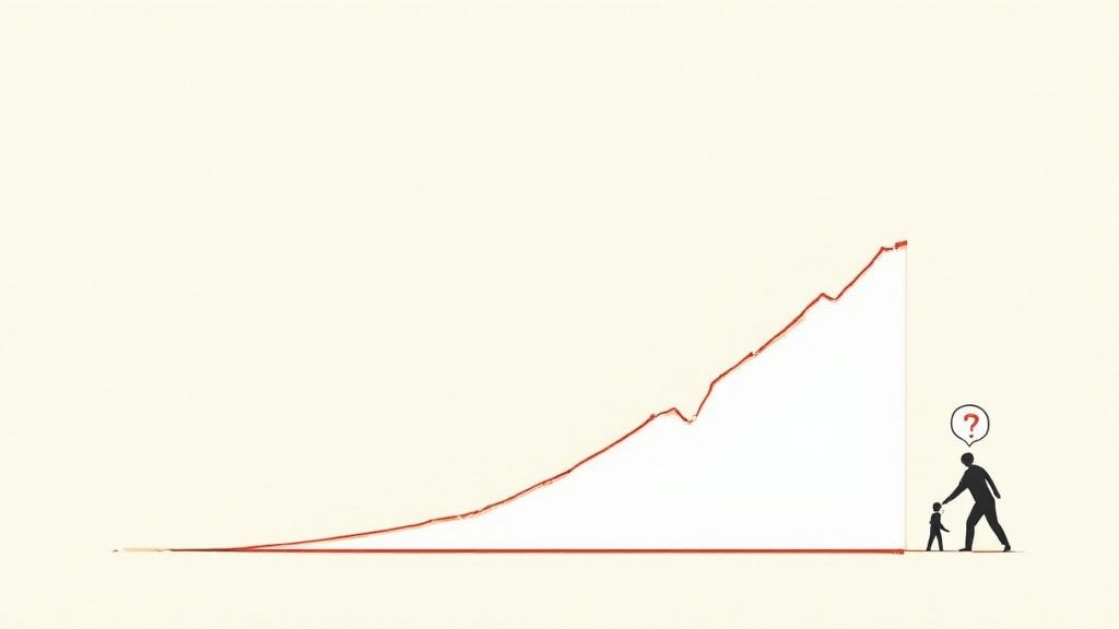 Adult and child ponder a steep upward-trending graph, symbolizing future challenges or growth.
