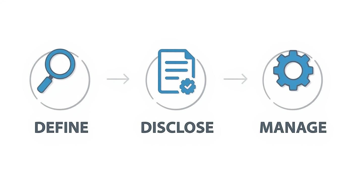 A three-step process flowchart showing define, disclose, and manage with magnifying glass, document, and gear icons.