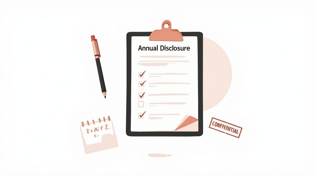 An illustration of an annual disclosure document with a checklist, a pen, and a confidential stamp.