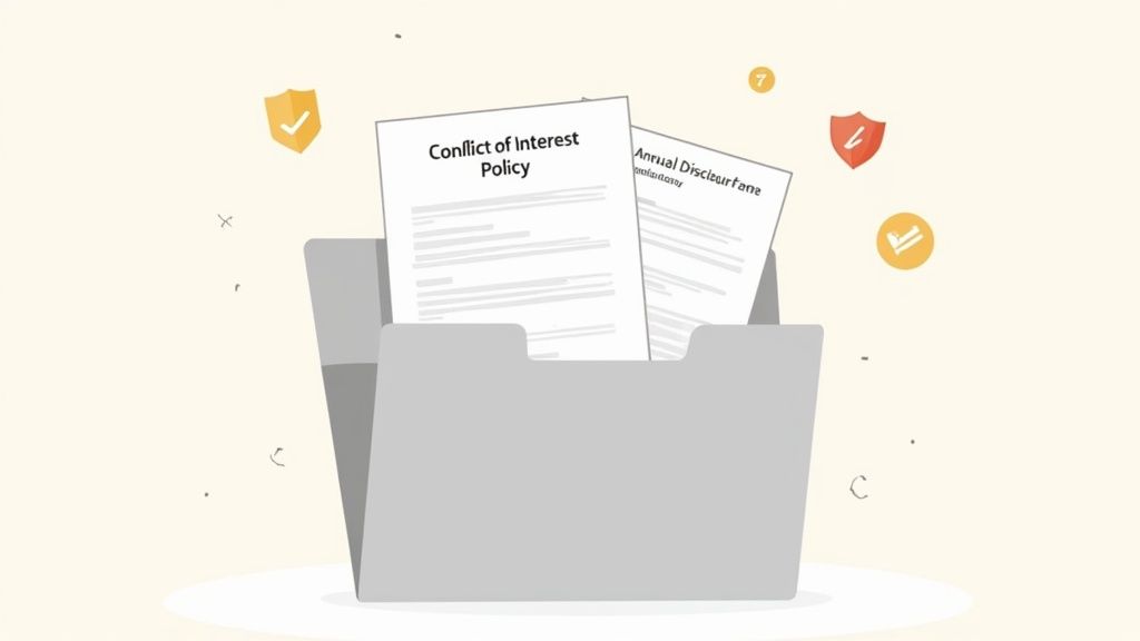 A gray file folder holds a 'Conflict of Interest Policy' and 'Annual Disclosure' document, with compliance icons.