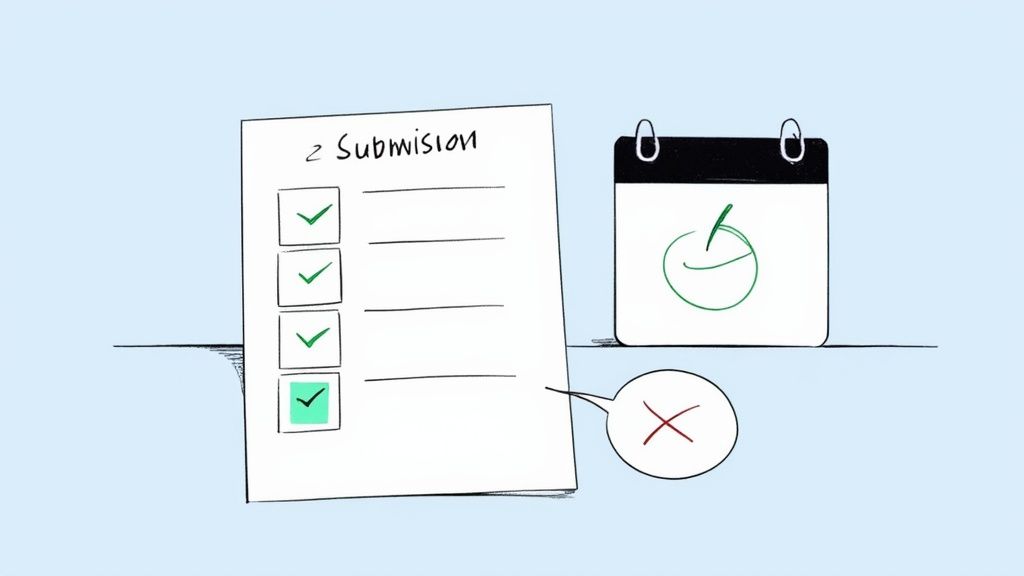 A checklist for submission with completed tasks, next to a calendar, with a red X indicating a problem.