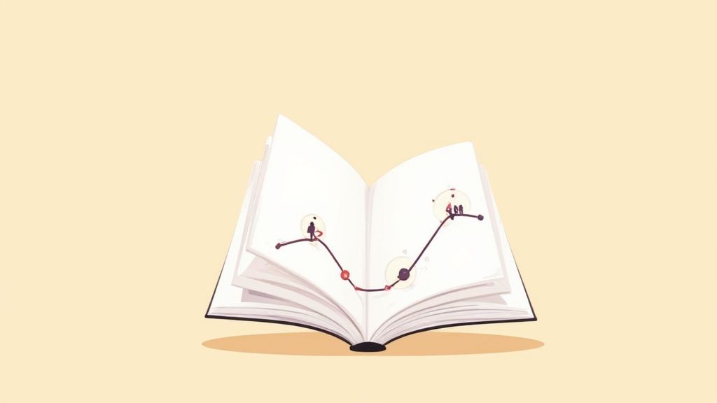 An open book displays a winding path with small human figures and circles on its white pages, illustrating a journey or timeline.