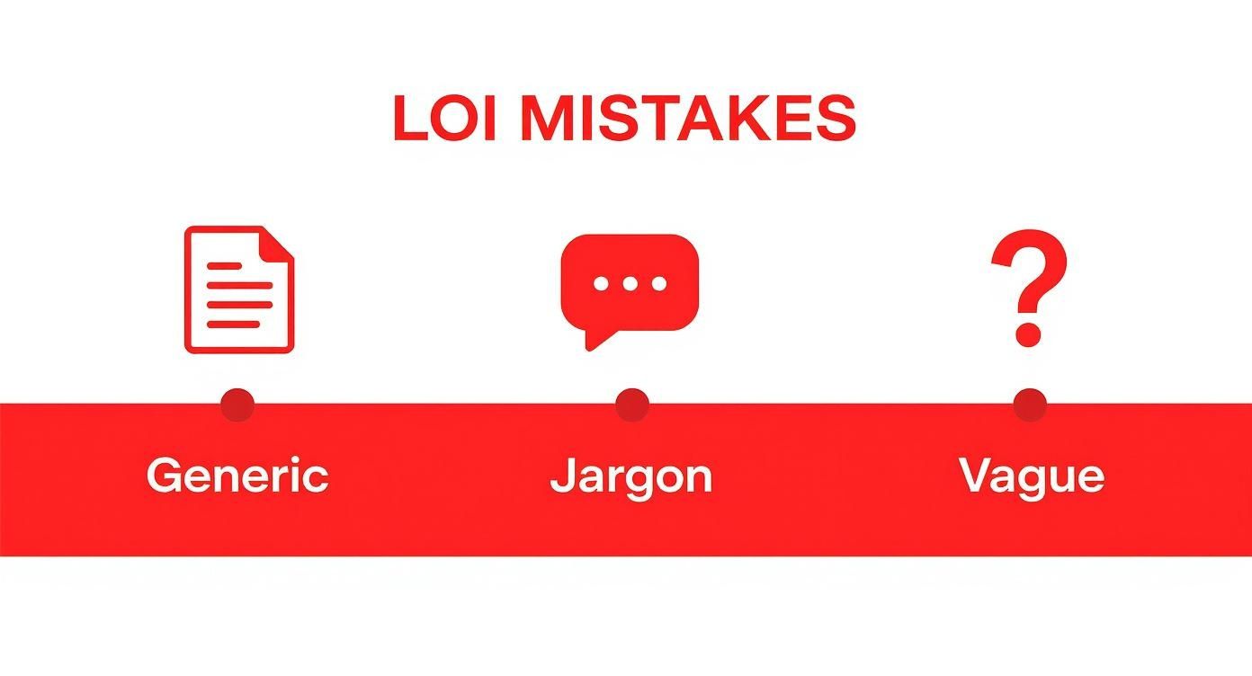 Visual representation of common LOI mistakes: Generic, Jargon, and Vague, with corresponding icons.