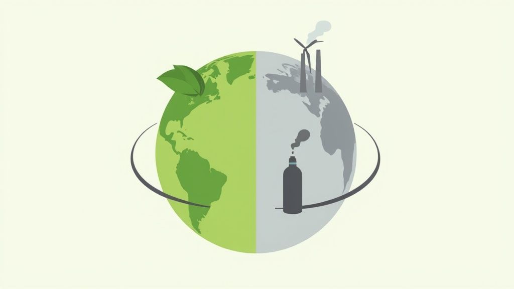 Illustration contrasting a vibrant green earth with sustainable elements against a gray, polluted industrial half.