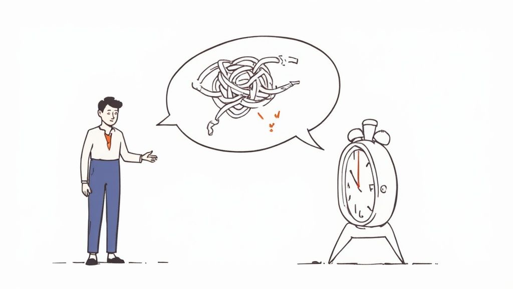 A man gestures towards a thought bubble with a tangled mess and an alarm clock, symbolizing complex problems and time pressure.