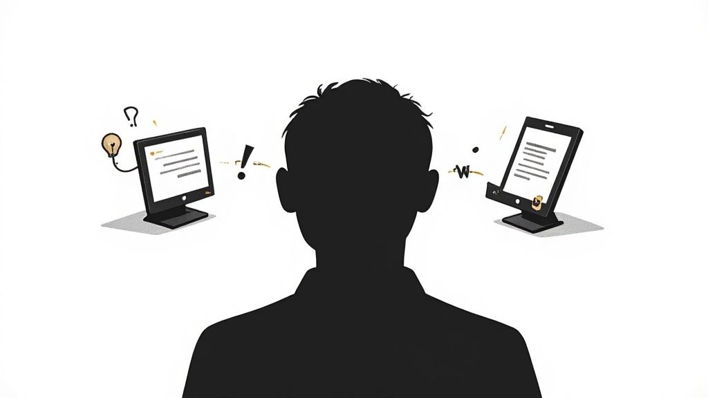 A person's silhouette views digital content from a desktop computer and a tablet, representing input.