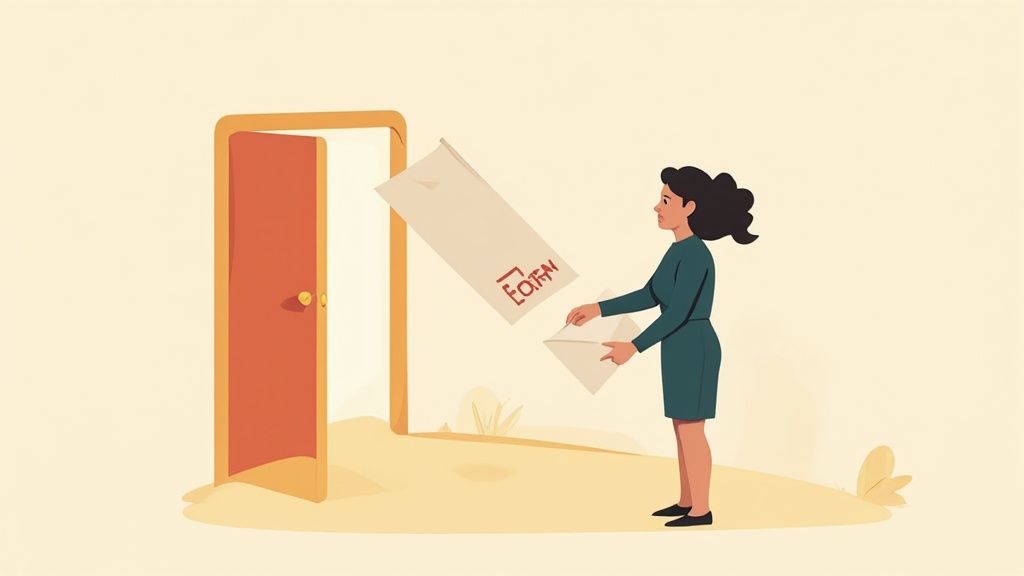 An illustration of a woman standing by an open door, holding a document as a large letter floats away.