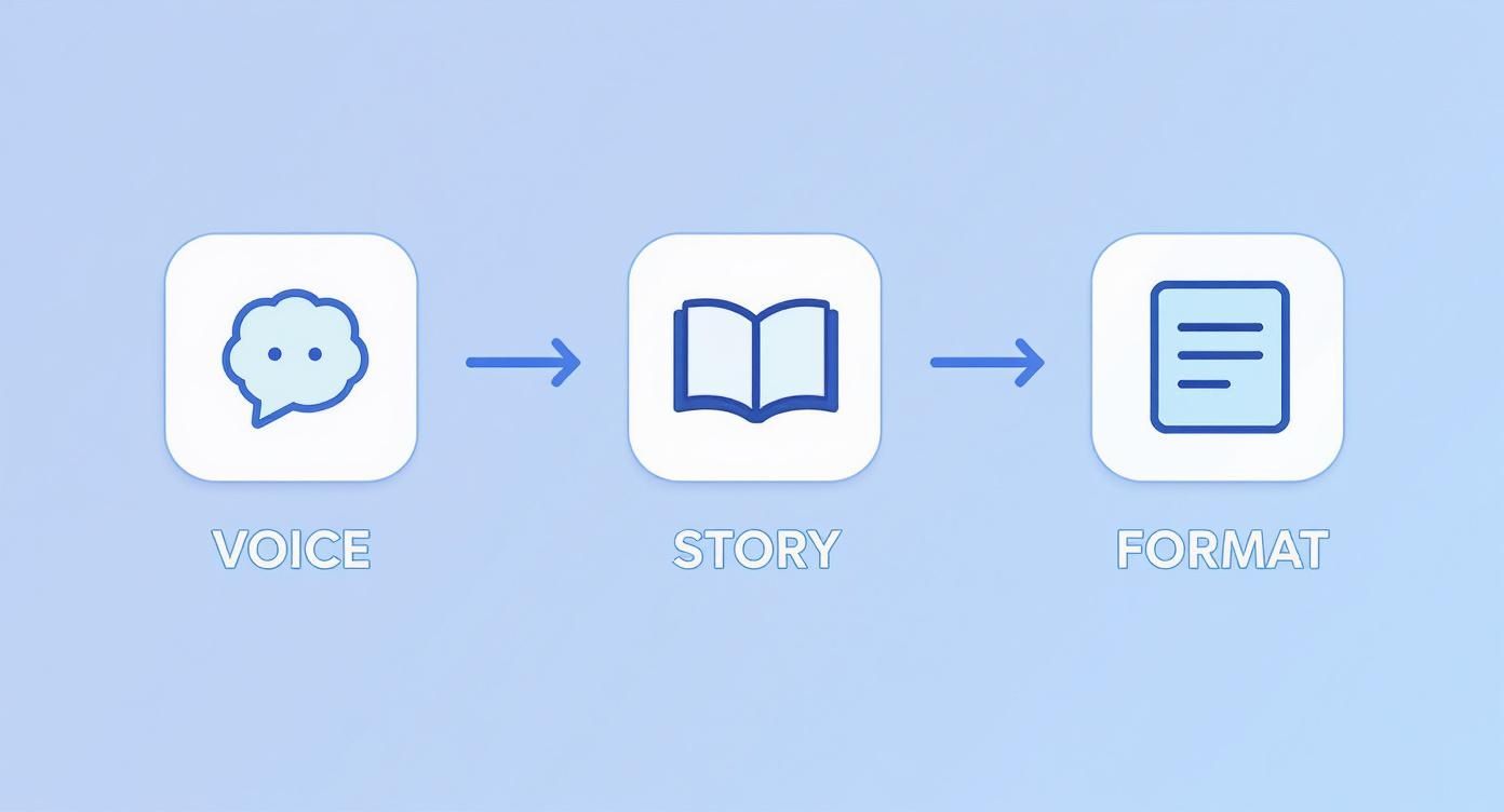 Diagram illustrating content creation: starting from voice, moving to story, and concluding in format.
