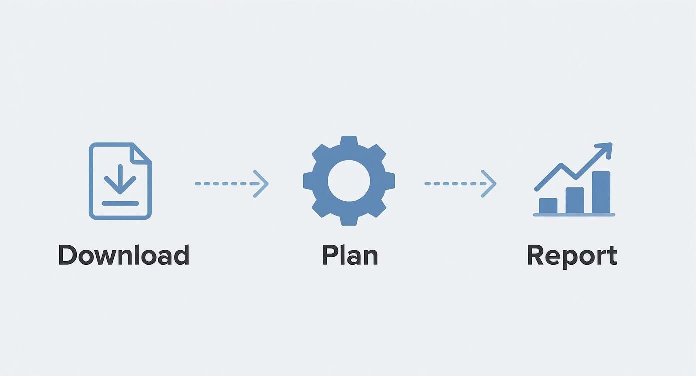 An infographic showing a three-step process: Download, Plan, and Report, connected by arrows.