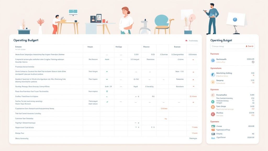 A digital operating budget dashboard with financial details and illustrated office scenes.