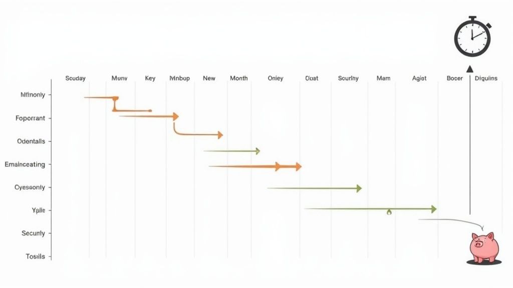 A project timeline chart with tasks, dependencies, and a piggy bank representing the final goal.