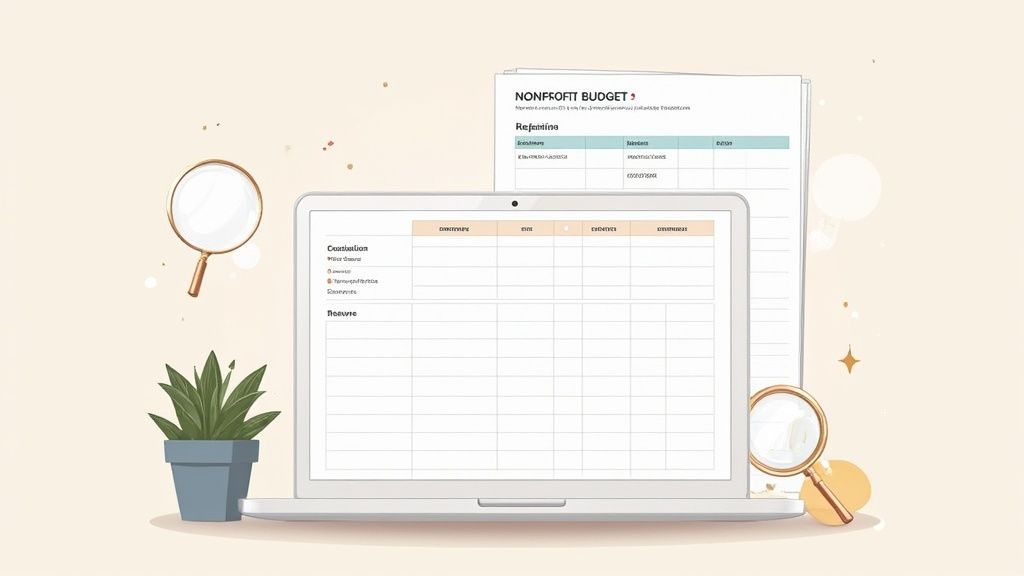 Digital illustration showing a nonprofit budget template on a laptop with financial planning elements.