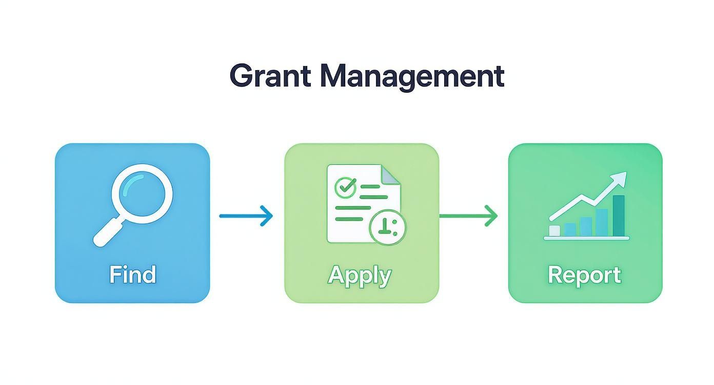 A three-step diagram illustrating the grant management process: Find, Apply, and Report, with corresponding icons.