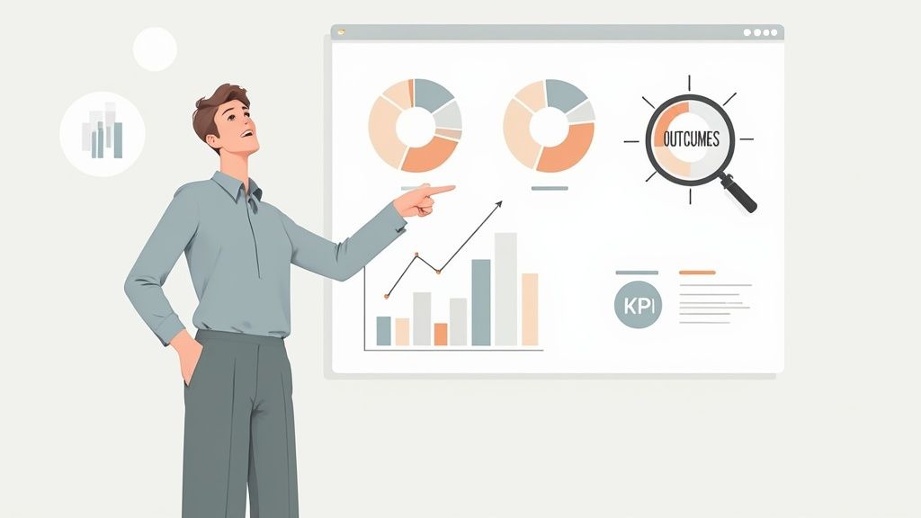 Illustration of a man presenting analytics and financial data on a digital display with charts.