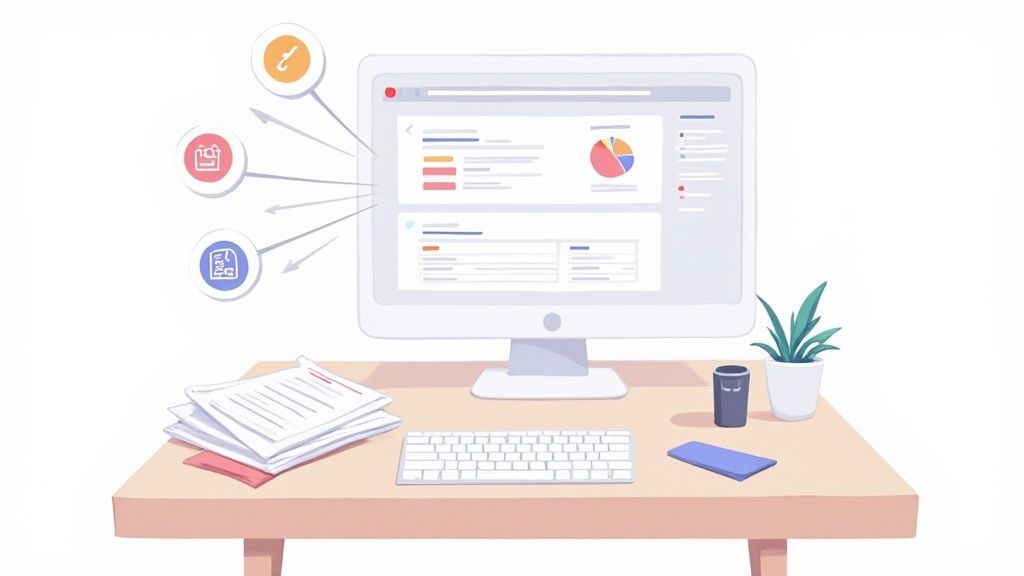 Digital dashboard on a computer screen, illustrating data management and workflow with associated icons.