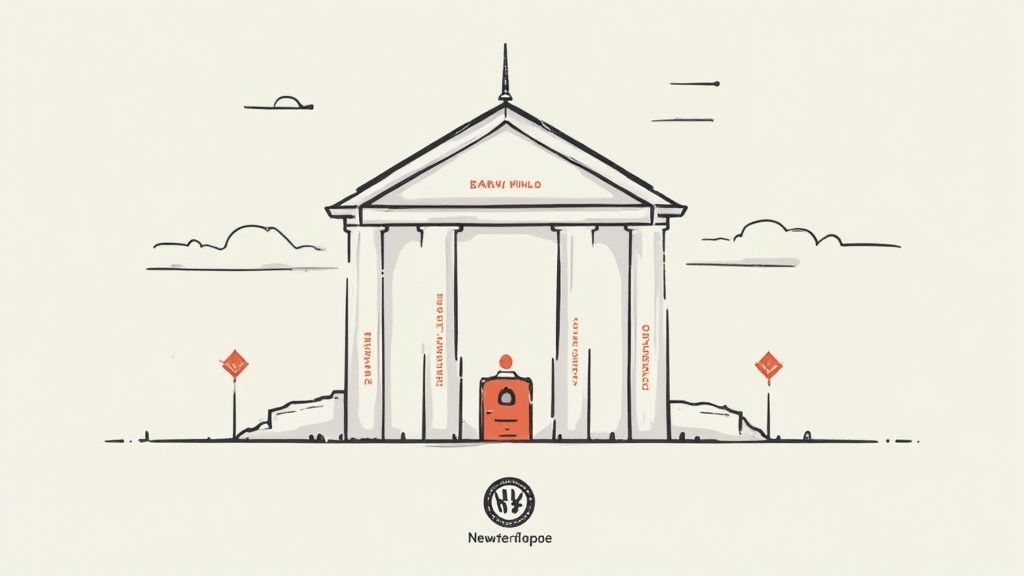 A minimalist hand-drawn illustration of a classical building with pillars, a red door, and unique inscriptions.
