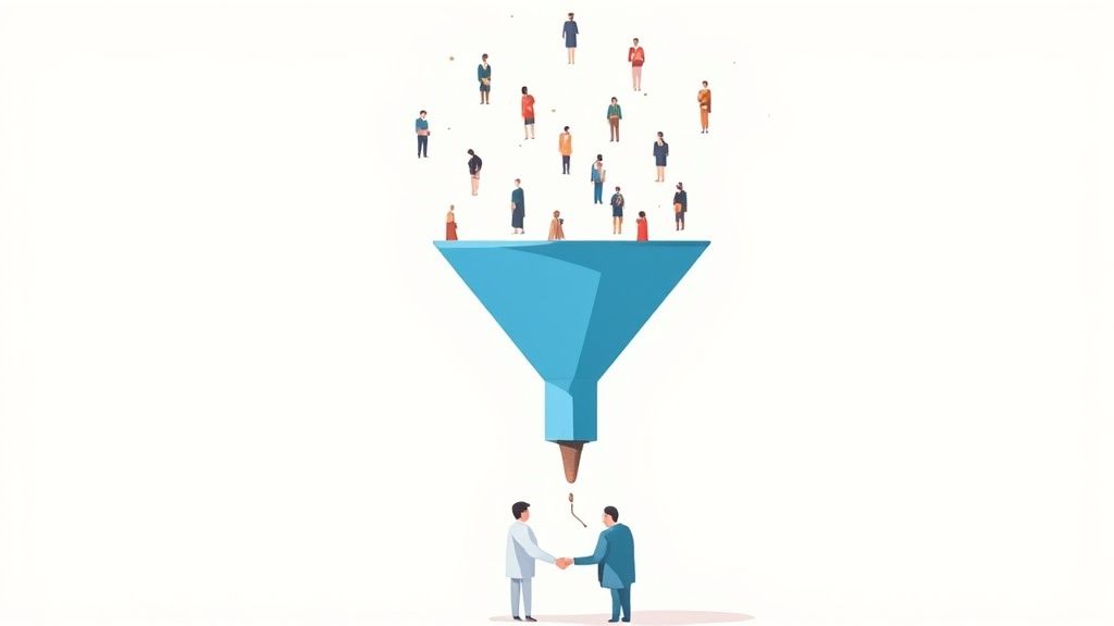 Many diverse people flowing into a funnel, resulting in two men shaking hands.