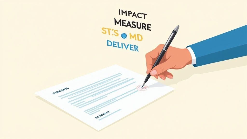 A hand signs a formal document with a pen, featuring text like IMPACT, MEASURE, DELIVER.
