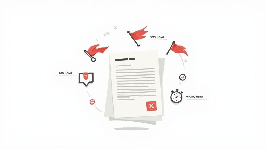 Stack of documents with a red 'X', surrounded by red flags and icons, symbolizing issues leading to application rejections.