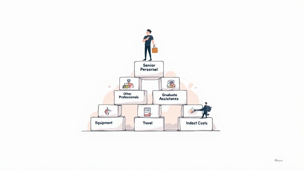 An illustration of a budget pyramid with blocks for personnel, equipment, travel, and indirect costs.