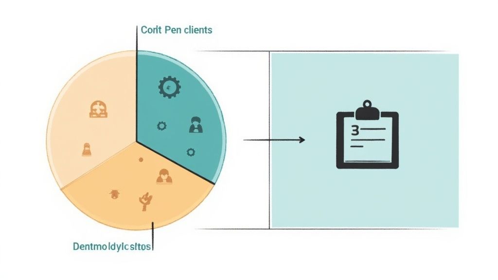 A pie chart displaying 'Corit Pen clients' and 'Dentmoldylc sltos' segments, with an arrow pointing to a clipboard icon labeled '3-'.