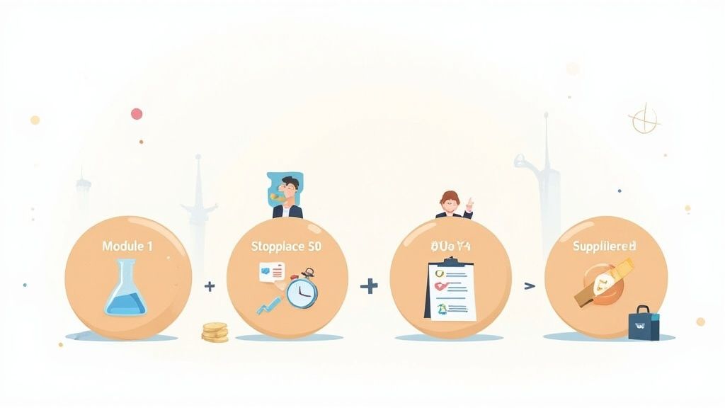 Illustration of a four-step process involving learning modules, planning, tasks, and a final certificate.