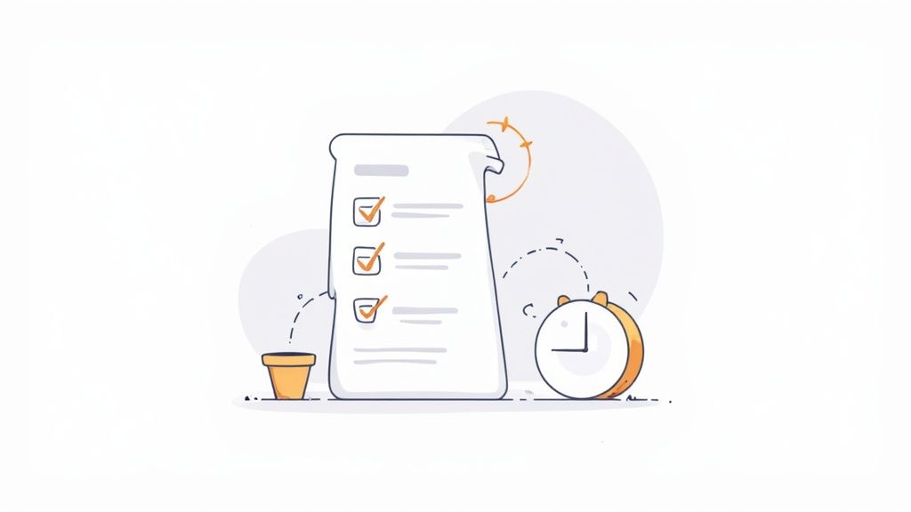 A minimalist illustration showing a completed checklist, a small pot, and an orange alarm clock.