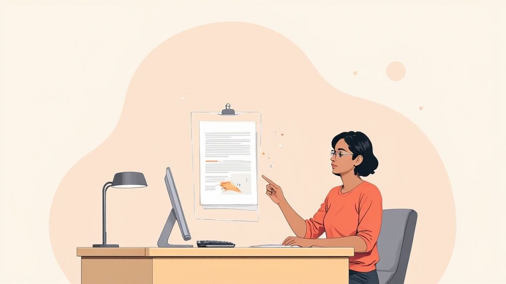 An illustrated woman in glasses at a desk, pointing at a document displayed on a clipboard.