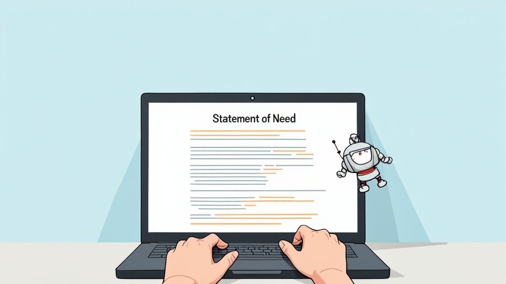 Hands typing on a laptop screen displaying a 'Statement of Need' document, with a small robot clinging to the side.