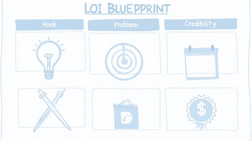 A blueprint diagram outlining key components of a Letter of Intent for grants, including Hook, Problem, and Credibility.