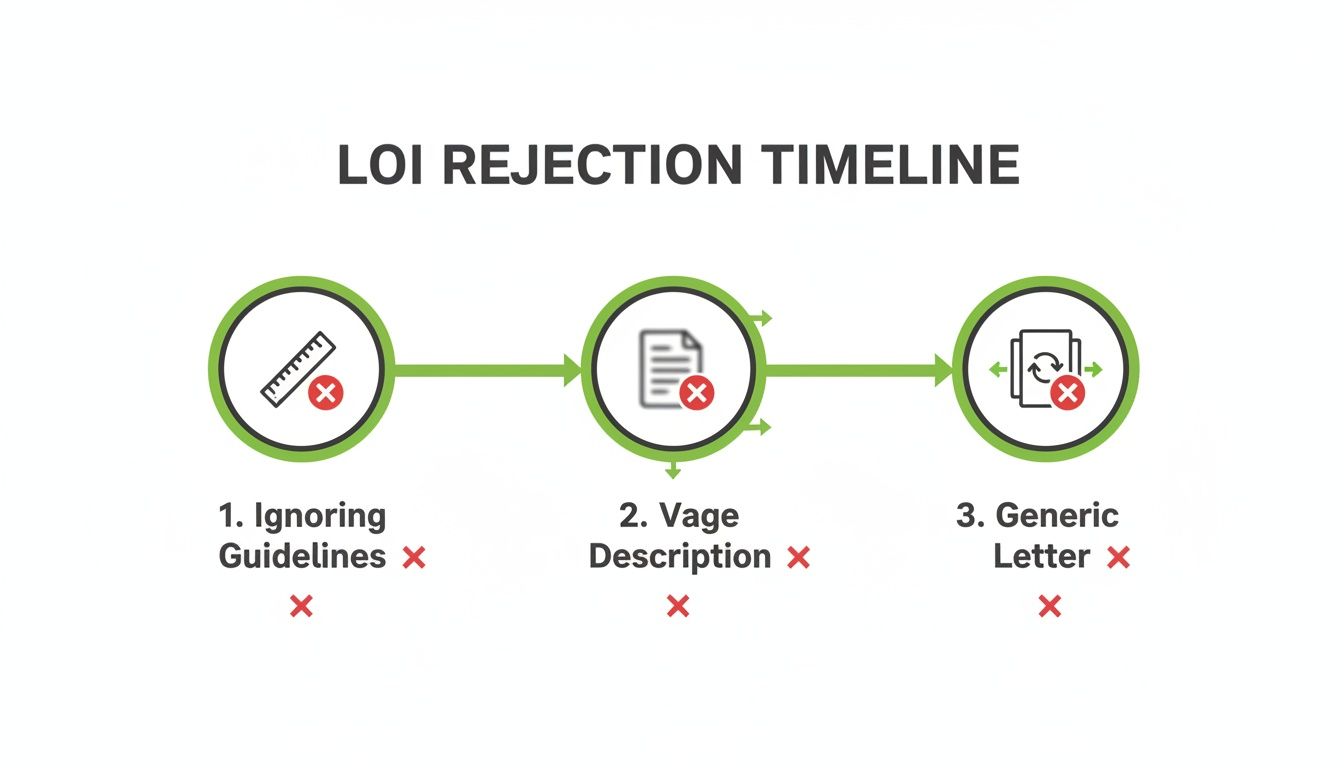 Timeline illustrating three common reasons for Letter of Intent (LOI) rejection: ignoring guidelines, vague descriptions, and generic letters.