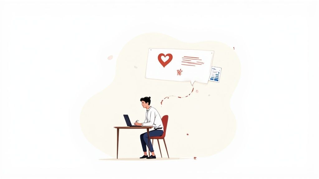Man drafting a letter of intent on laptop, with a heart and document in a thought cloud.