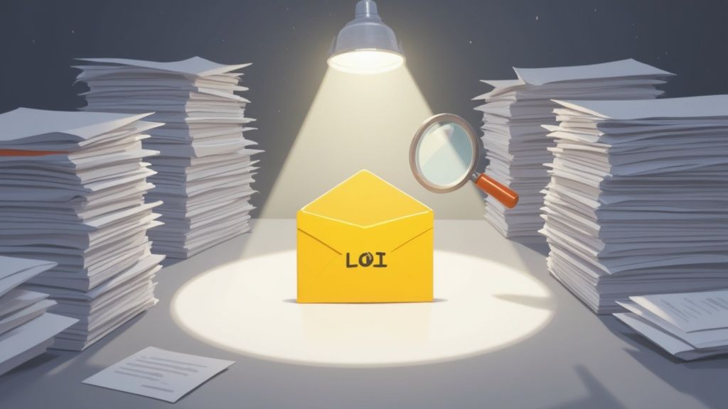 A spotlight illuminates a yellow envelope labeled "LOI" surrounded by many stacks of papers and a magnifying glass.