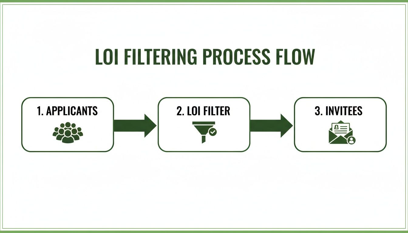 A three-step LOI filtering process flow diagram showing applicants, LOI filter, and invitees.